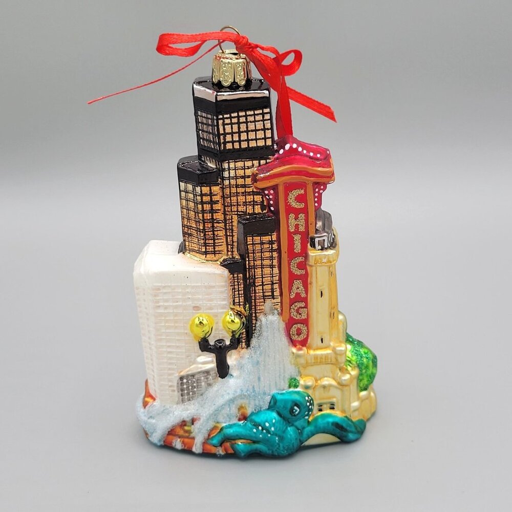 Kurt Adler Chicago Cityscape Blown Glass Ornament Hand Painted Willis Tower